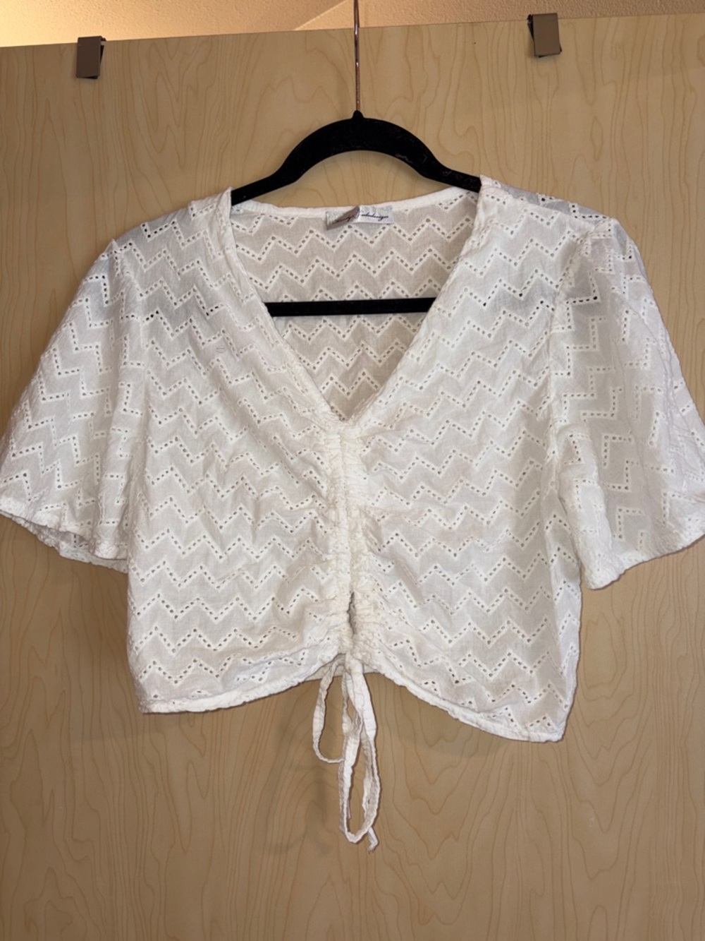 Eyelet Drawstring Cropped V-Neck Top in White